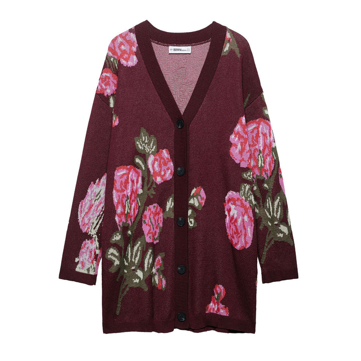 Knit jacket for women with floral pattern and deep V-neck Lune London