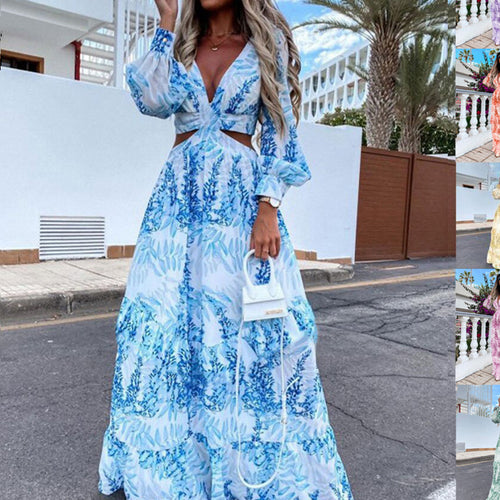 Maxi dress for women with playful cut and floral design Lune London