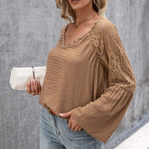 Women's blouse with sheer lace sleeves and trendy V-neck Lune London