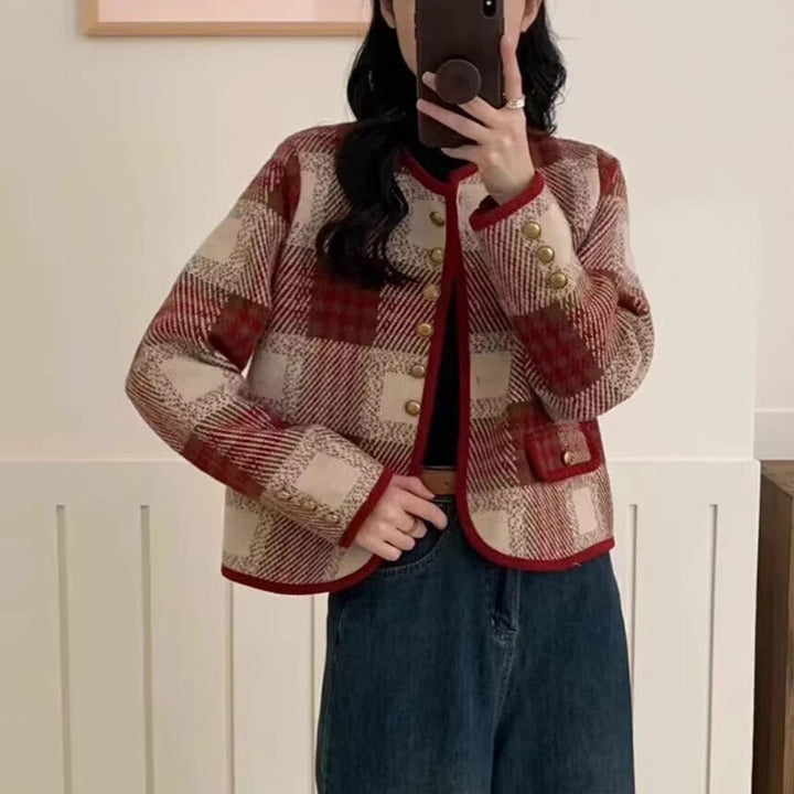 Women's leisure jacket with an elegant check pattern and button details Lune London