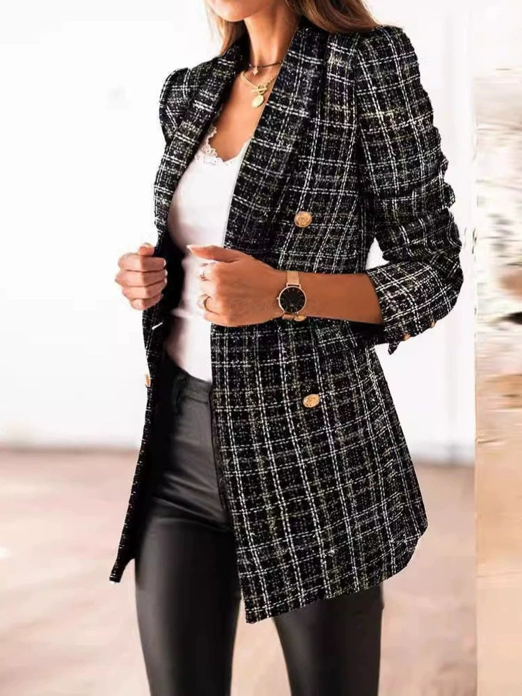 Elegant tweed jacket for women with double-breasted buttons and structured texture Lune London