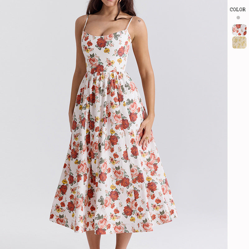 Women’s midi floral dress with strapless style and swinging skirt Lune London