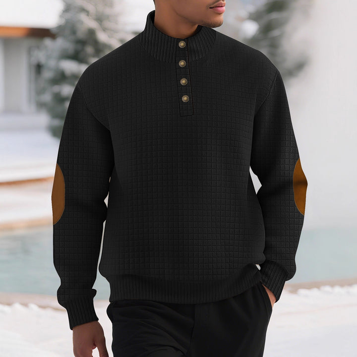 Modern high collar sweater for men with textured design and leather applications Lune London