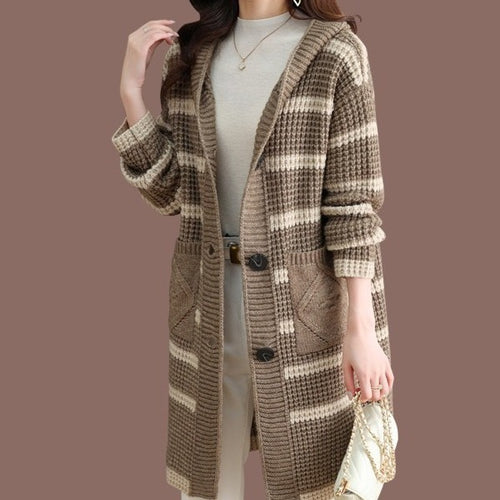 Ladies long cardigan with hood and striped pattern Lune London