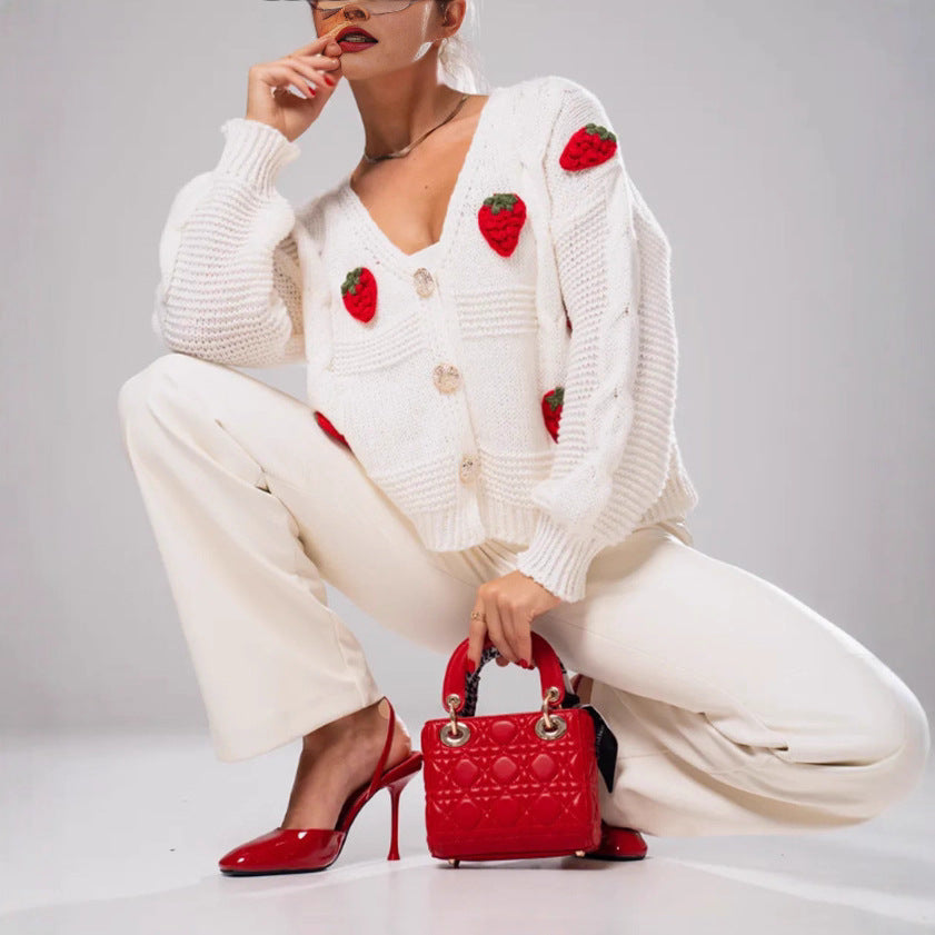 Knitted jacket for women with strawberry pattern Lune London