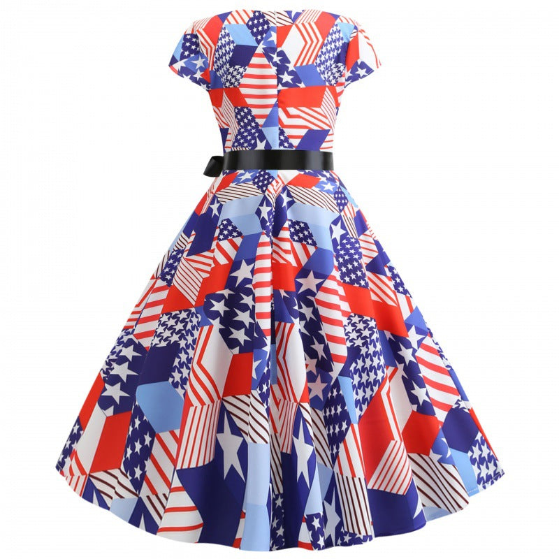Robe midi pour femme avec motif de drapeau coloré et ceinture élégante Chic & Stil