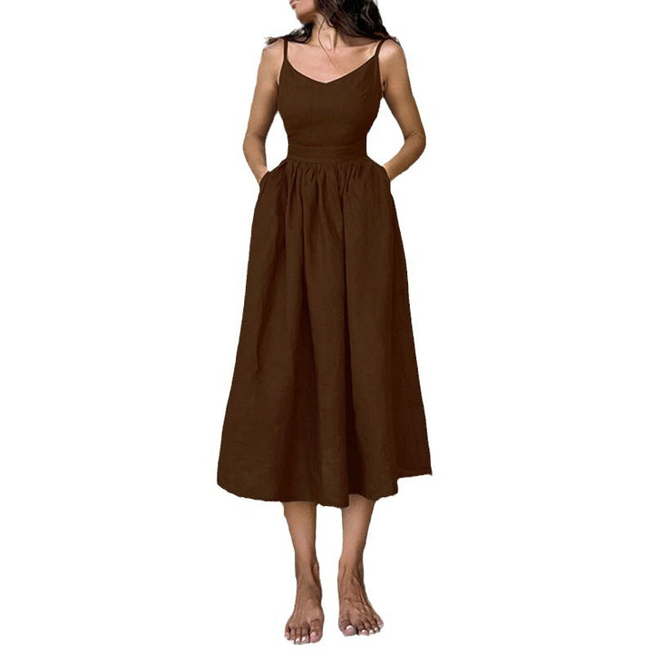 Robe longue en lin pour femmes avec décolleté en V profond et taille cintrée Chic & Stil