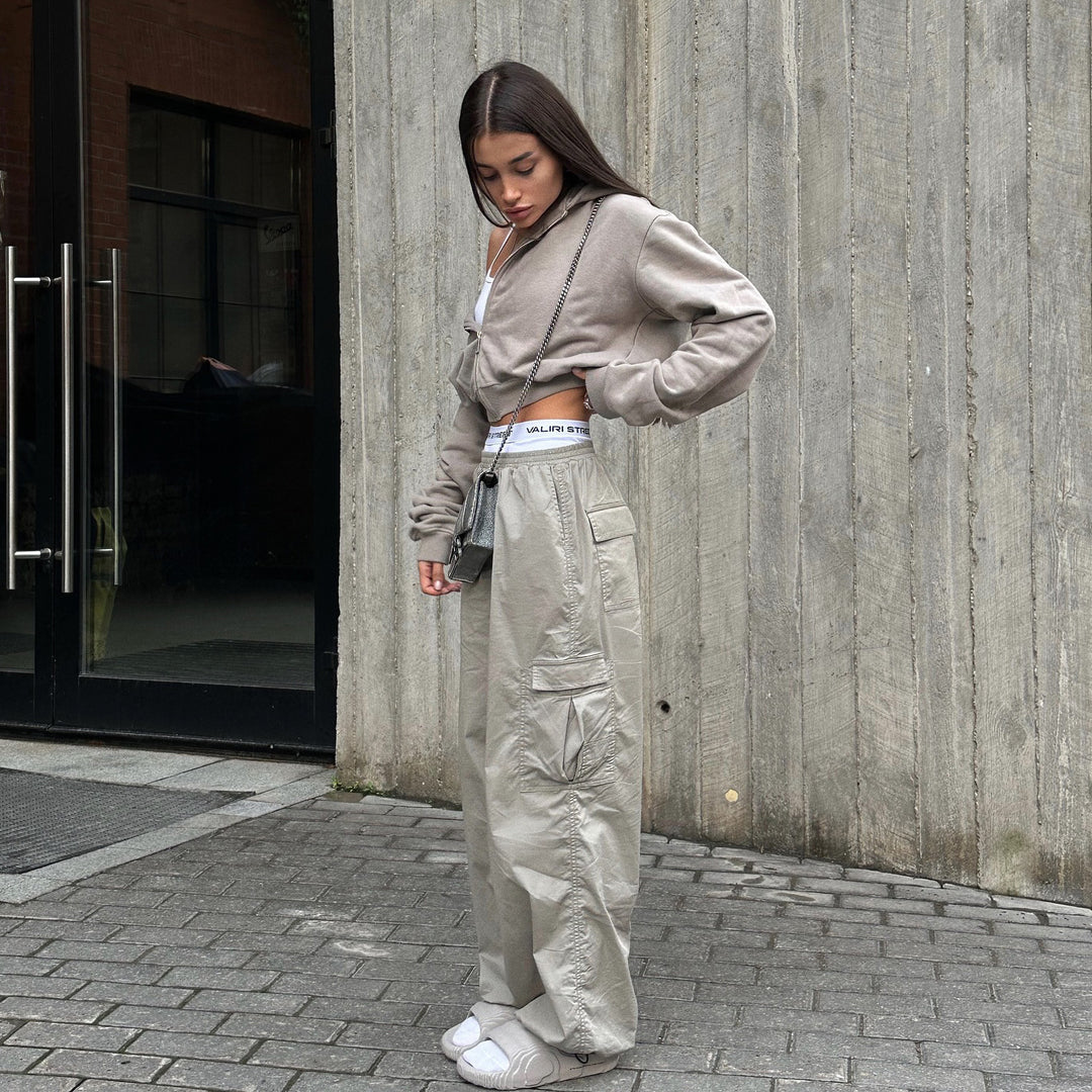 Casual utility style cargo pants for women with an elastic waistband and practical pockets Lune London