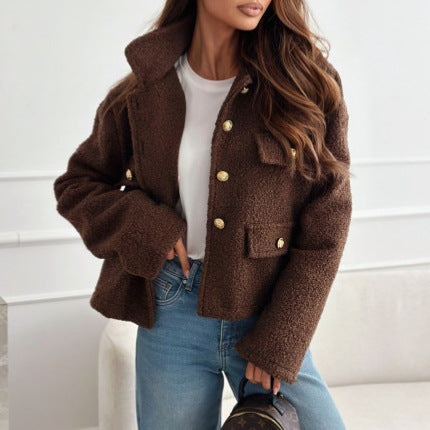 Ladies Plush Fleece Jacket with Decorative Pockets and Golden Buttons Lune London