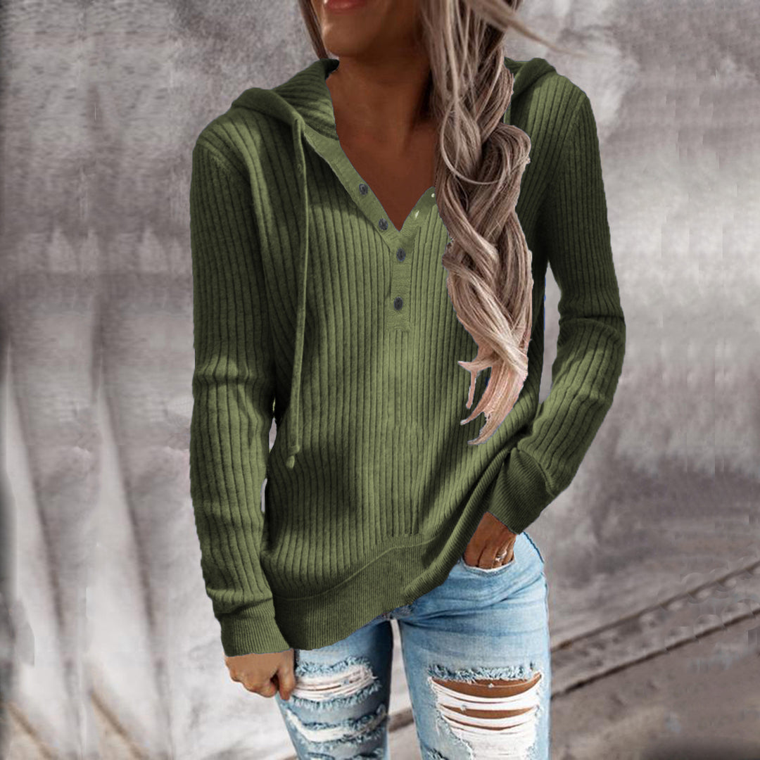 Fashionable ribbed design women's hoodie with button placket Lune London