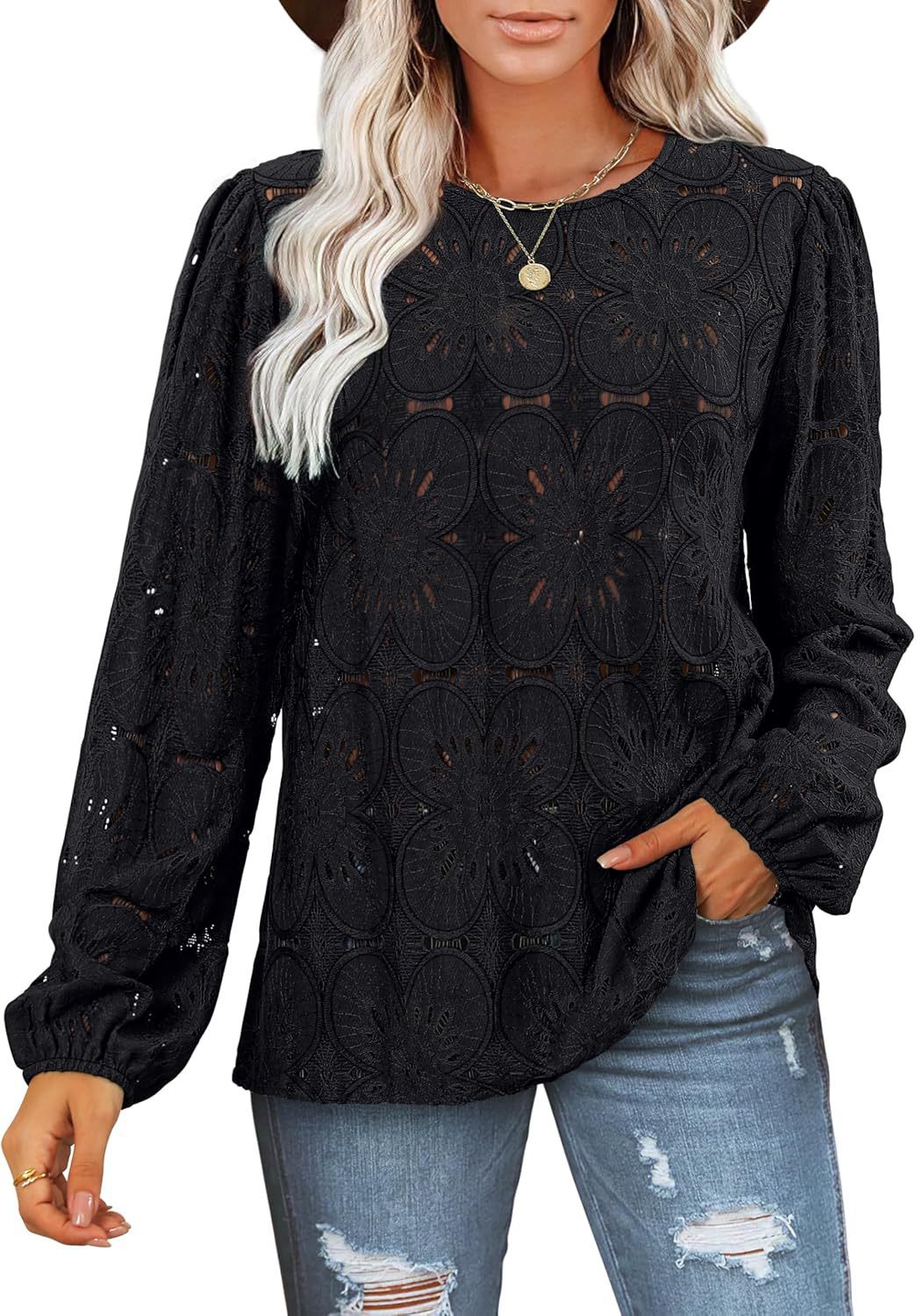 Lace blouse for women with floral details and elegant puff sleeves Lune London