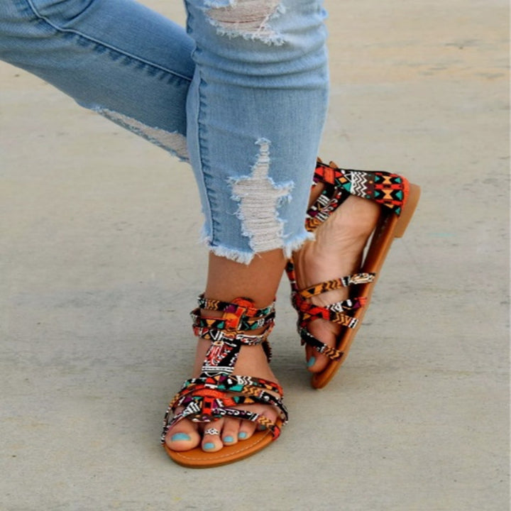 Women’s strappy sandals with graphic pattern and adjustable ankle strap Lune London