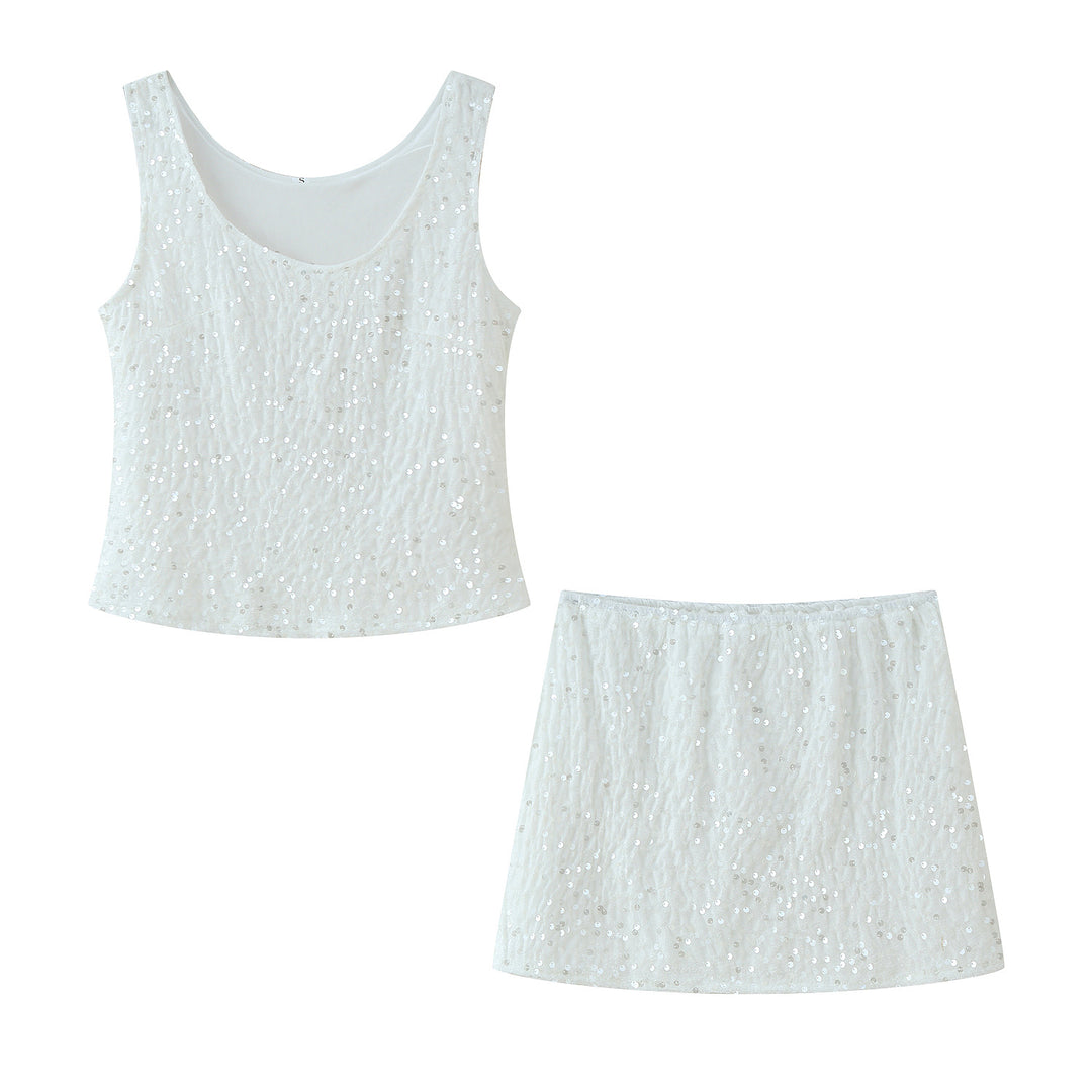 Women's set with sparkling spaghetti strap top and flared skirt with elastic waistband Lune London
