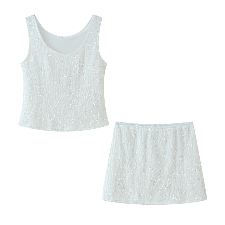 Women's set with sparkling spaghetti strap top and flared skirt with elastic waistband Lune London