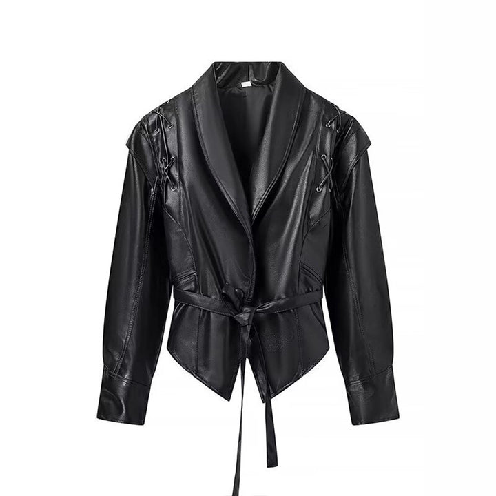 Ladies elegant faux leather jacket with adjustable belt and decorative lace details Lune London