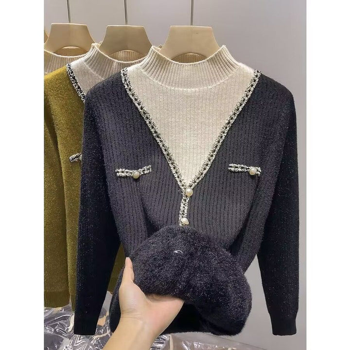 Pull femme à la mode avec col en V, détails scintillants et boutons Chic & Stil