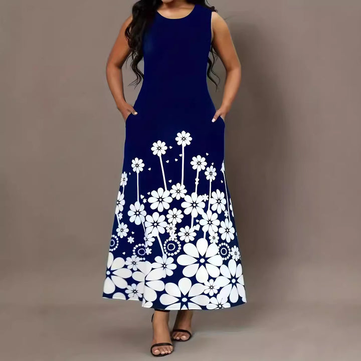 Maxi dress for women with floral accents and side pockets