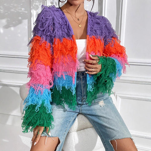 Ladies knitted cardigan with colorful fringes and a unique pattern Lune London