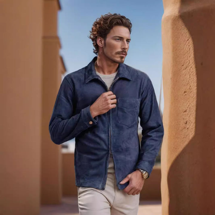 Suede jacket for men with a modern high collar and practical pockets Lune London