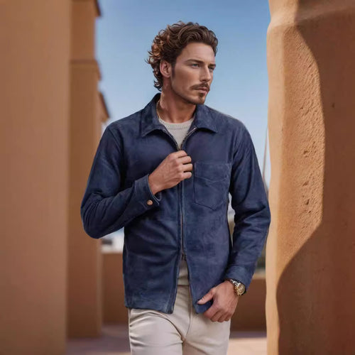 Suede jacket for men with a modern high collar and practical pockets Lune London