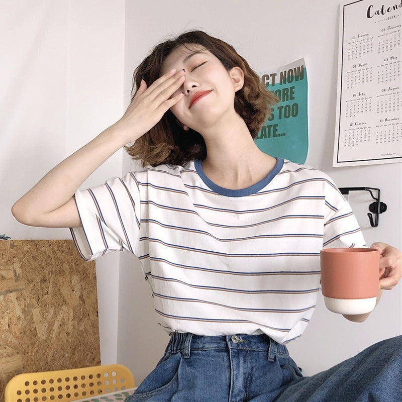 Women Striped T-Shirt with Round Neck and Loose Fit Lune London