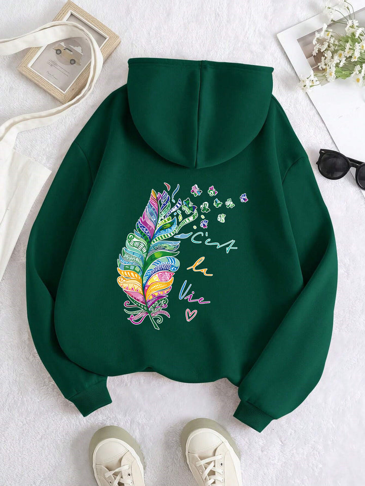 Sweat à capuche décontracté pour femmes avec un design de plumes colorées et une écriture inspirante Chic & Stil