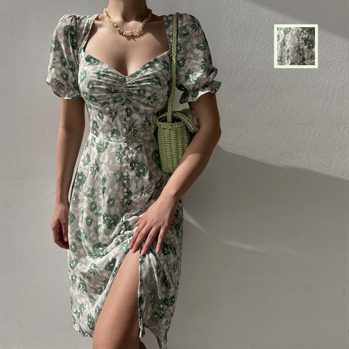 Women’s floral dress with gathered sleeves and side slit Lune London