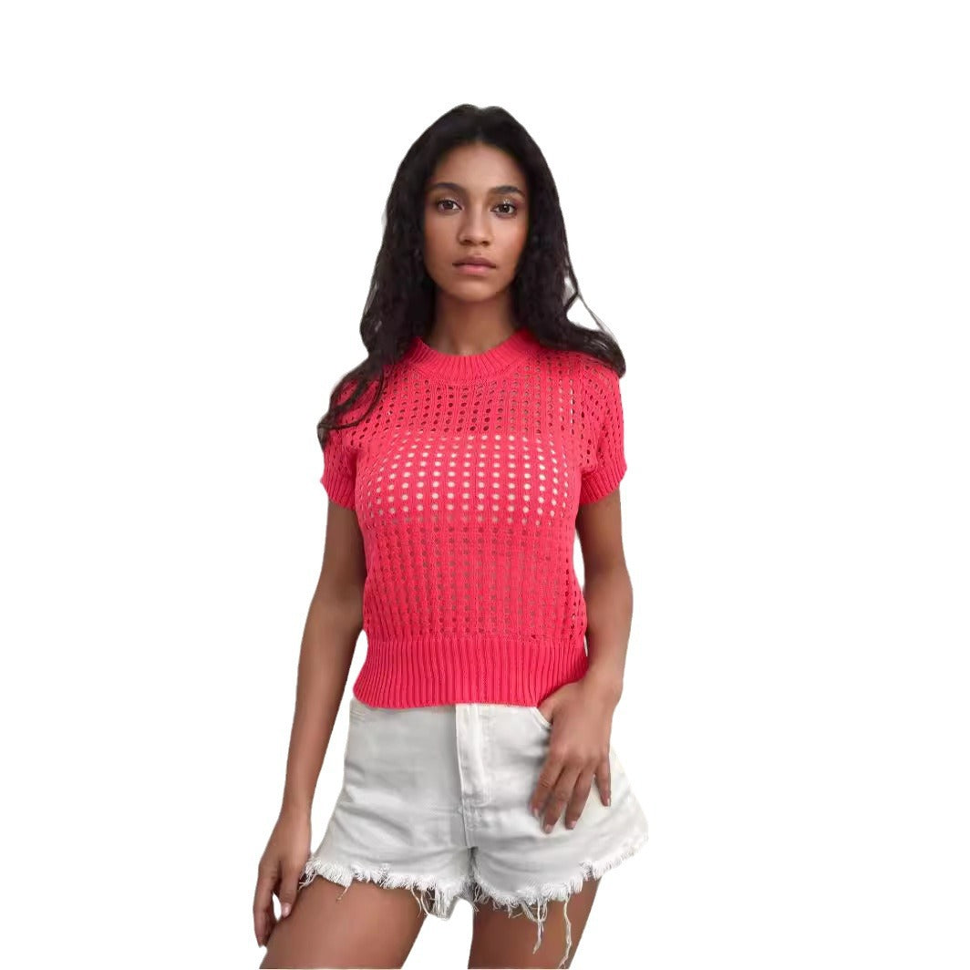 Short sleeve knit top for women with an airy openwork look and a modern collar Lune London