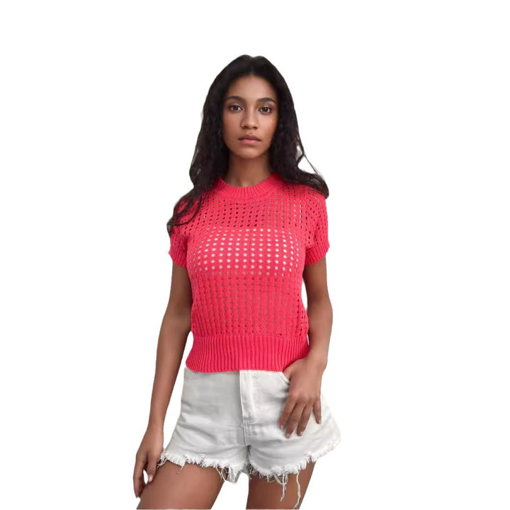 Short sleeve knit top for women with an airy openwork look and a modern collar Lune London