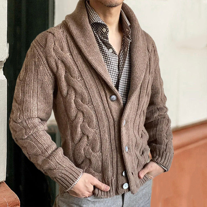 Coarse knit jacket for men with an elegant cable design and a modern collar Lune London