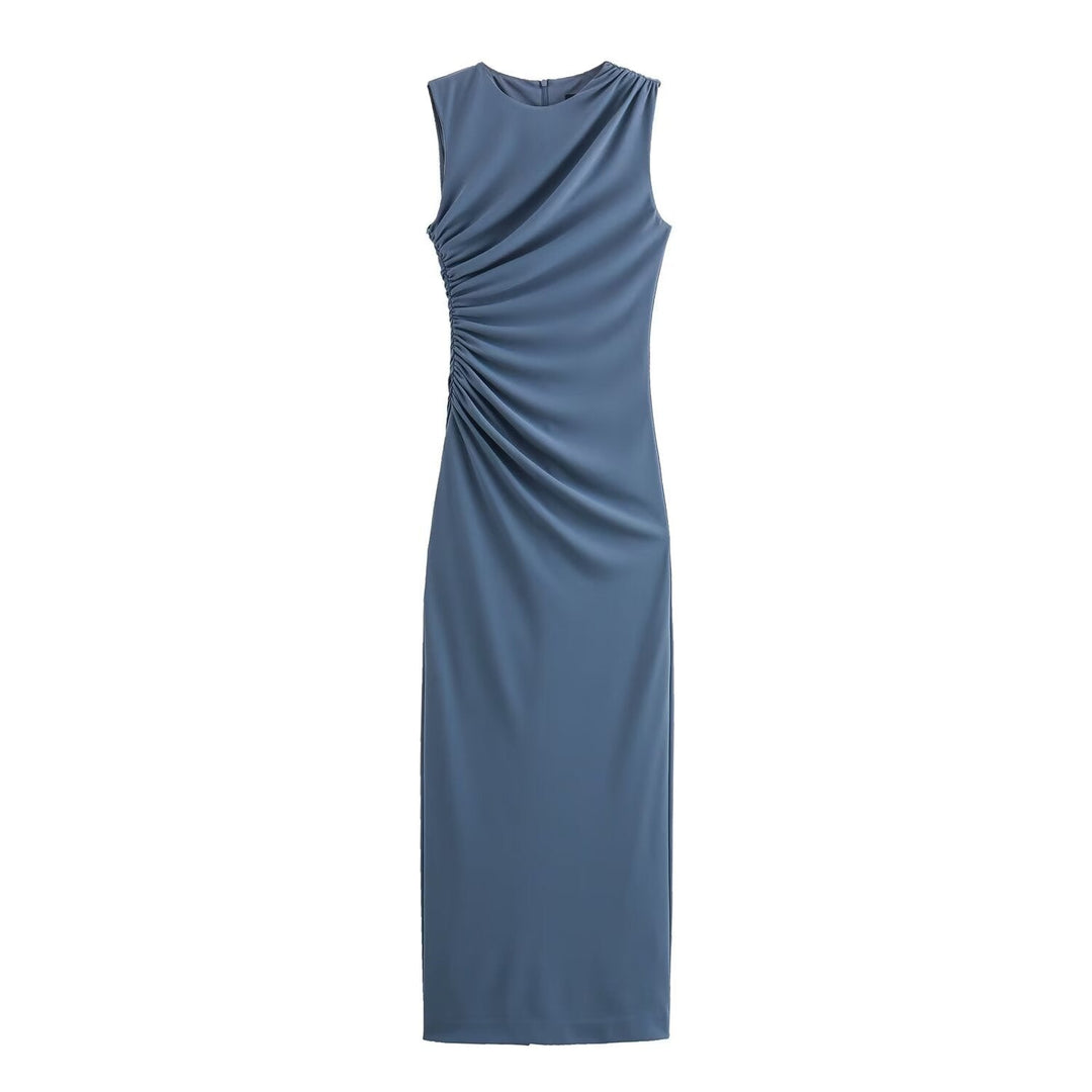 Lune London | Solid Color Round Neck Sleeveless Folding Slim Fit Dress