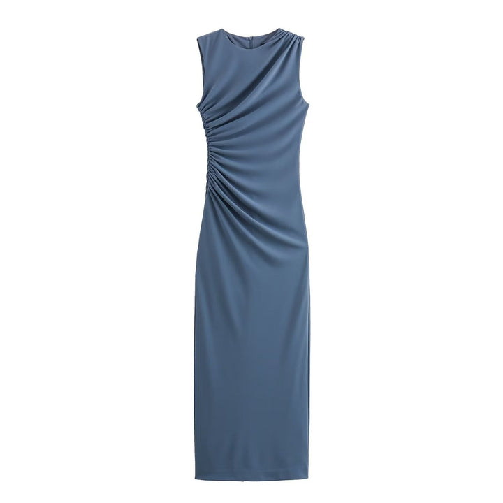 Lune London | Solid Color Round Neck Sleeveless Folding Slim Fit Dress