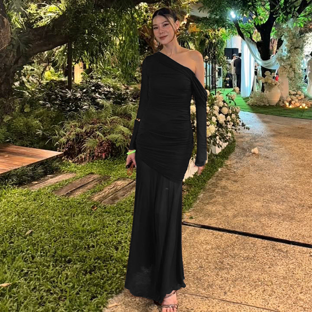 Ladies Elegant Maxi Dress with Asymmetrical Cut and Refined Chic Ruffle Design
