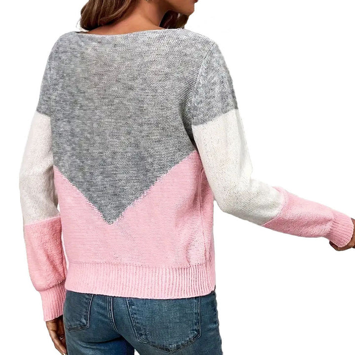 Ladies modern knit pullover with contrasting color blocks and V neck