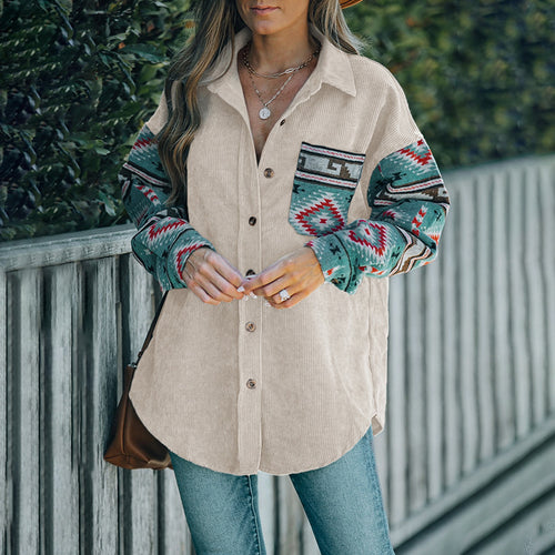Casual women's shirt with a trendy ruffled design and colorful sleeves Lune London
