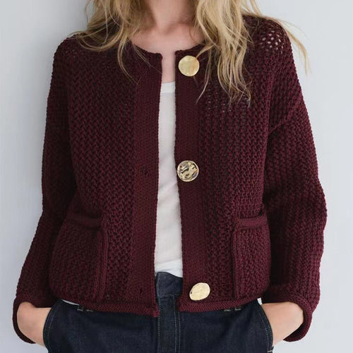 Ladies fashion cardigan with gold buttons and piped pockets Lune London