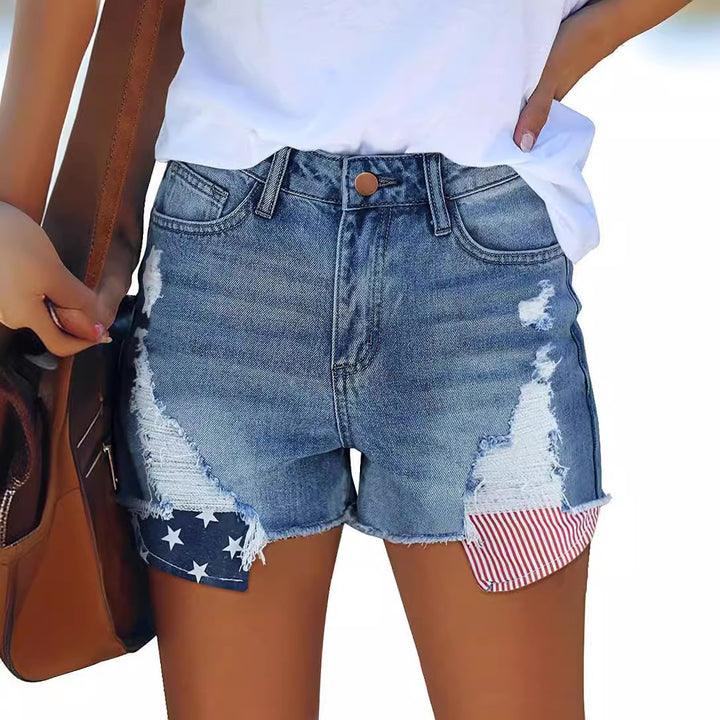 Women's Destroyed Denim Shorts with Creative Patch Details Lune London