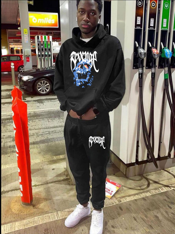 Hooded sweatshirt and jogging set for men with artistic skull pattern Lune London