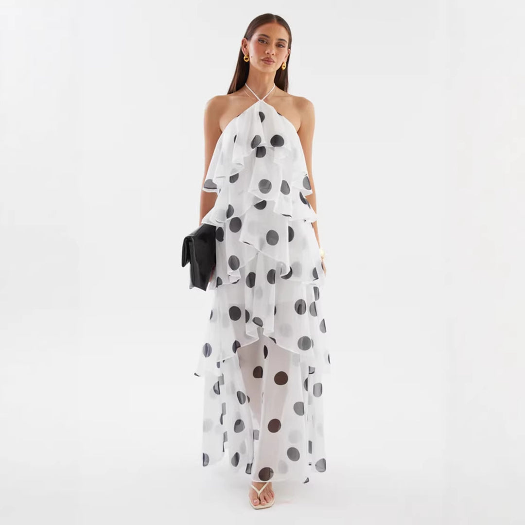 Women's maxi dress with swinging ruffles and modern dots Lune London