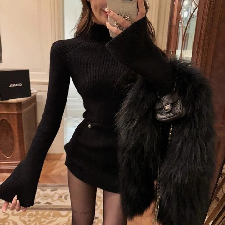 Women’s knitted dress with high collar and wide sleeves Chic & Stil