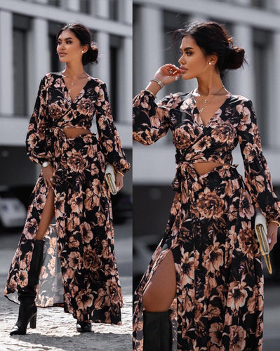 Maxi wrap dress for women with fixed waist belt and refined ruffled sleeves Lune London