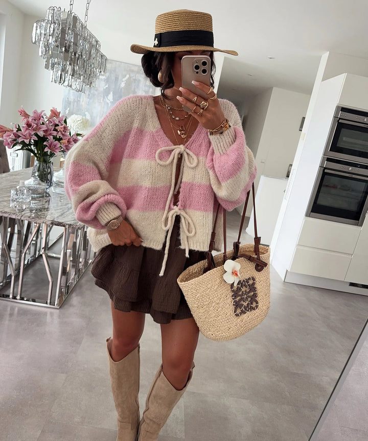 Lune London | Women's loose cardigan with wide stripes and tie belt