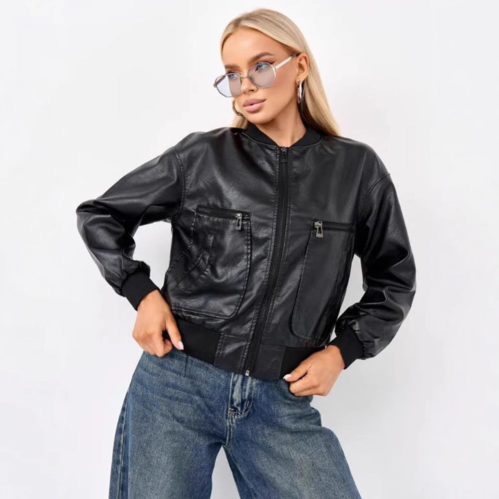 Trendy women's motorcycle jacket with textured design and practical pockets Lune London