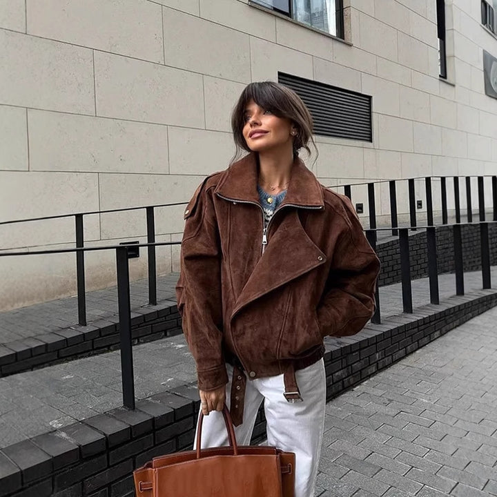 Oversized faux leather jacket for women with an elegant collar and an adjustable drawstring waist Lune London