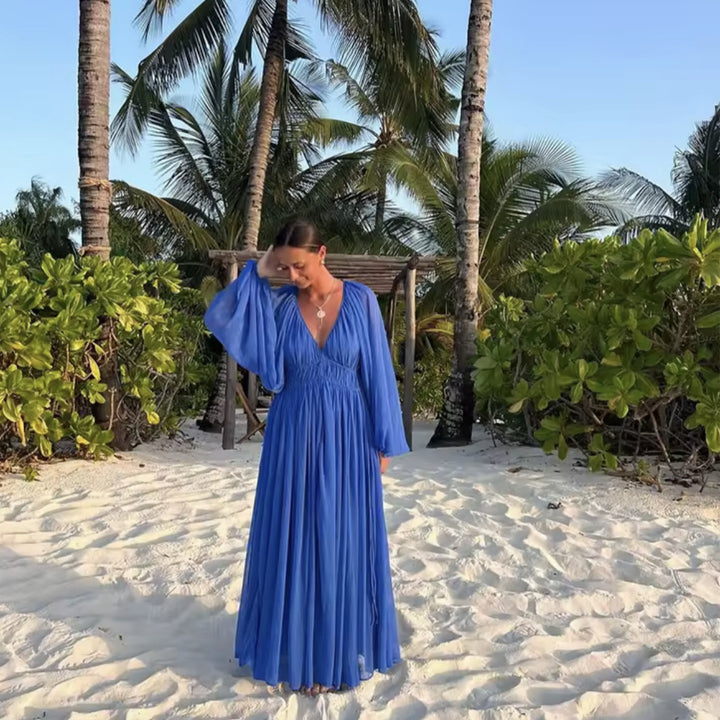 Maxi dress for women with an elegant draped effect and feminine ruffles Lune London