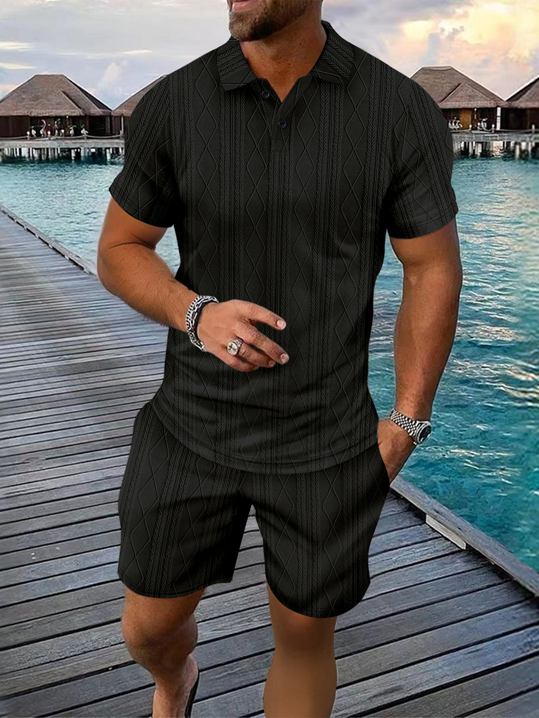 Men's Structured Knit Polo Set and Chic Shorts