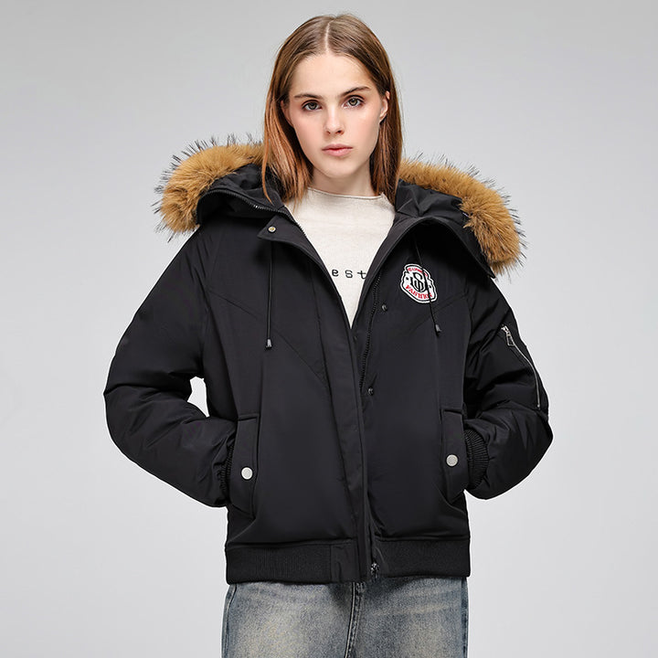 Ladies Puffer Sport Jacket with Removable Faux Fur Collar and Practical Chic Style Pockets