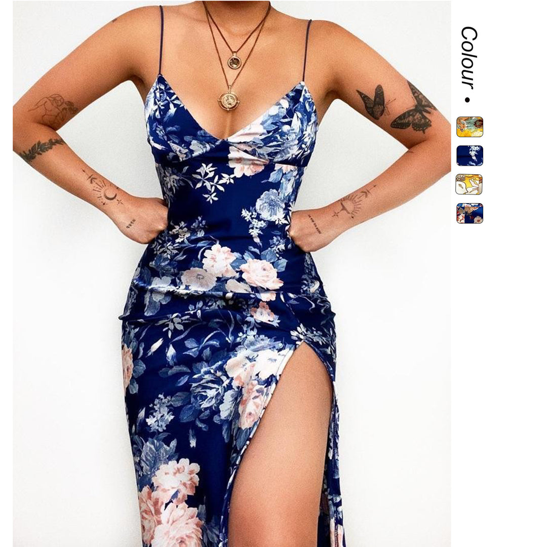 Women's maxi dress with deep V-neck and elegant slit