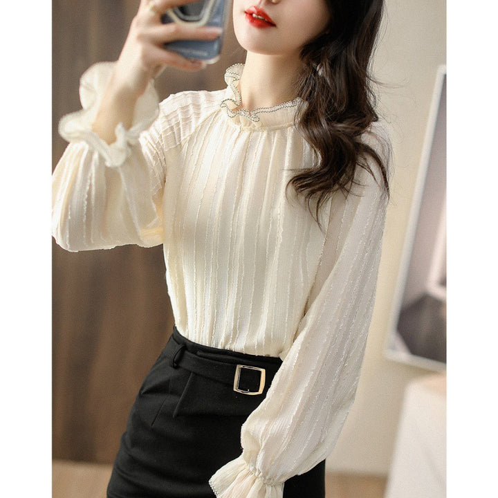 Ruffled high neck blouse for women with sheer sleeve details Lune London