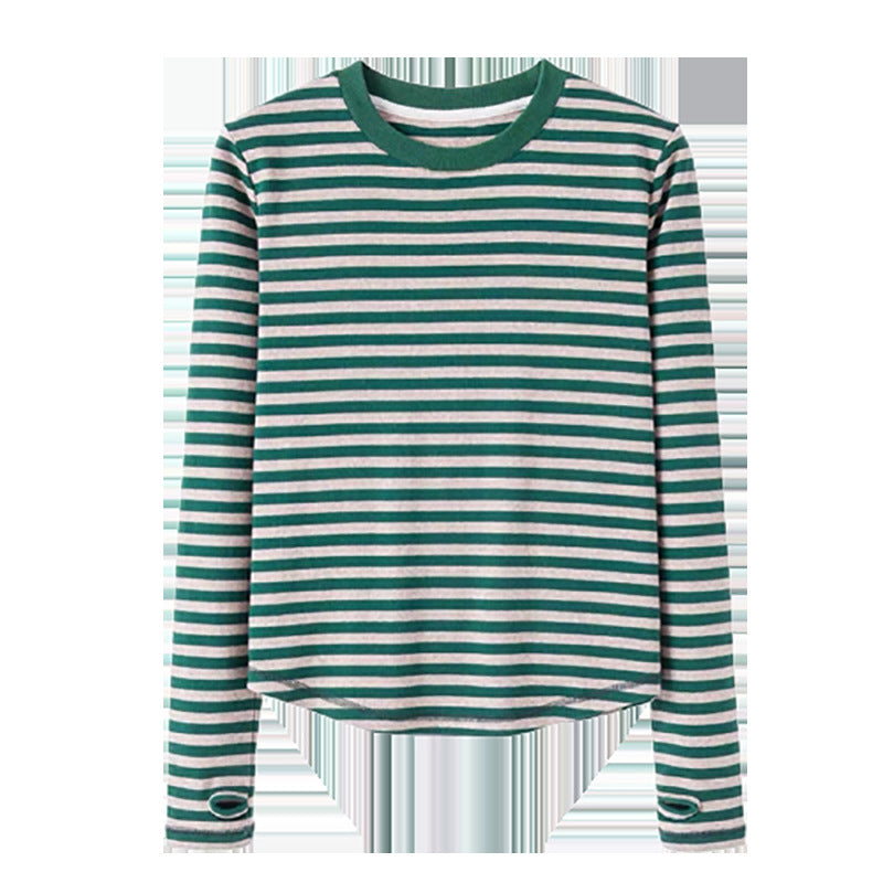 Ladies casual long sleeve shirt with fashionable stripe pattern and thumb holes Chic & Stil